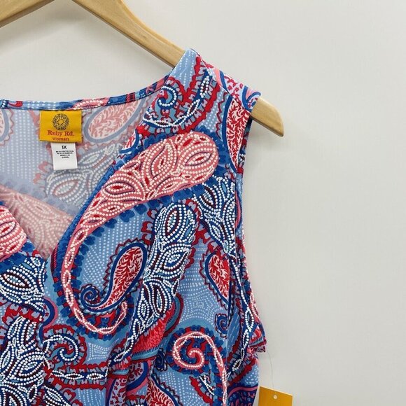 Ruby Rd Womens Plus Size 1X Asymmetrical Puff Paisley Midi Dress in Blue $73 - Picture 3 of 7